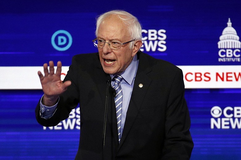 Democratic presidential candidate Sen. Bernie Sanders, I-Vt., speaks during a Democratic presidential primary debate at the Gaillard Center, Tuesday, Feb. 25, 2020, in Charleston, S.C., co-hosted by CBS News and the Congressional Black Caucus Institute. (AP Photo/Patrick Semansky)