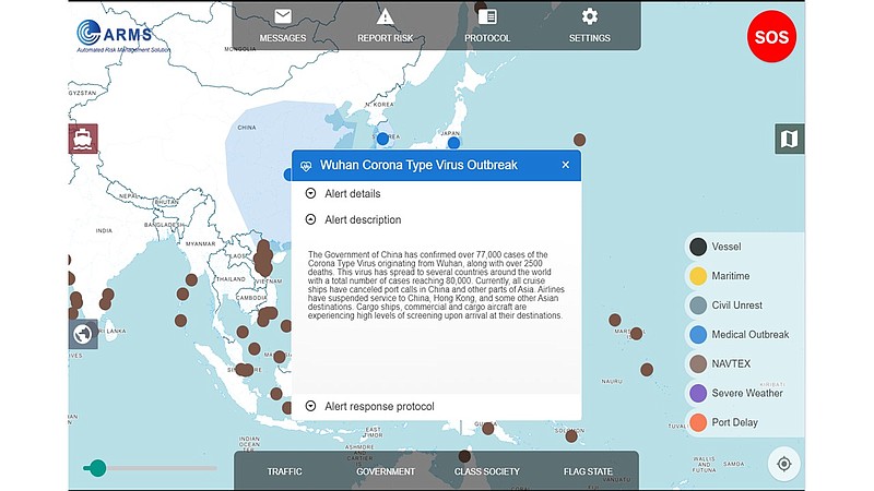 Photo contributed by International Maritime Security Associates / An image of an update on coronavirus from the ARMS platform provided to clients by International Maritime Security Associates.