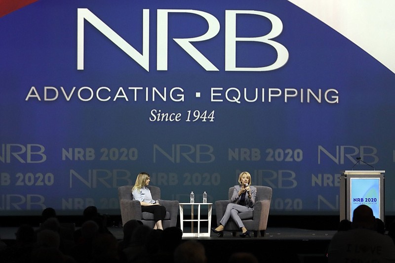 Education Secretary Betsy DeVos, right, speaks at the National Religious Broadcasters Convention Wednesday, Feb. 26, 2020, in Nashville, Tenn. At left is moderator Allie Stuckey. (AP Photo/Mark Humphrey)


