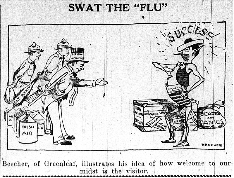 A cartoon about the Spanish flu of 1918 is published in a newspaper produced by The Daily Times from October of 1918. The newspaper section was pulled from micro film stored at the Chattanooga Public Library in Chattanooga, Tenn.
