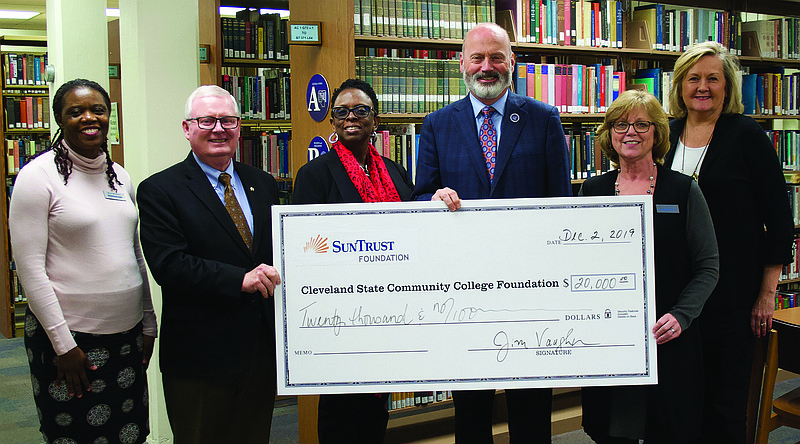 Contributed photo / At the recent check presentation, from left are Maud Mundava, Cleveland State Community College director of library services; Jim Vaughn, SunTrust East Tennessee Region president; Angela Conner, SunTrust vice president of community development; Dr. Bill Seymour, Cleveland State president; Judy Nye, Cleveland State director of student success; and Cindy Dawson, Cleveland State director of development and alumni.