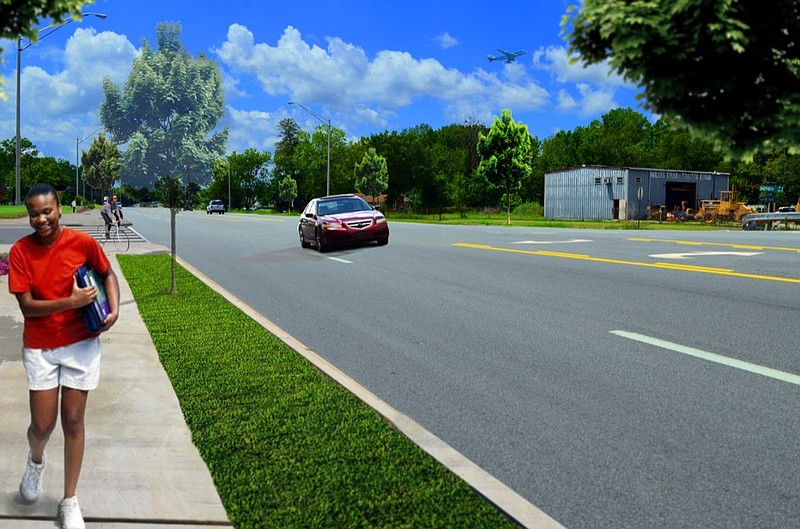 This artistic rendering shows the plans for a big upgrade at Shepherd Road as the gateway to the Chattanooga Airport is transformed into a tree-lined, boulevard-like artery. The project between Highway 153 and Airport Road will feature 106 trees, landscaping, a 10-foot sidewalk and a bike path. / Image provided by the City of Chattanooga
