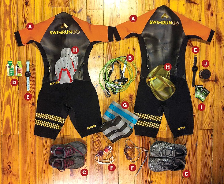 A collection of items are shown that Sydney and James Mason couldn't live without on their SwimRun adventure. These items are: Colting wetsuits, an Orca tether, Altra trail shoes, GU Energy packets, Garmin watches, Sporti Swedish goggles, Sporti pull buoys, Speedo and Finis paddles, Run Gum and KT Tape. / Photo from Sydney and James Mason