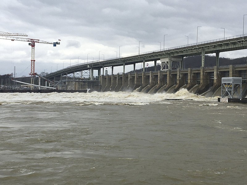 Photo by Dave Flessner / More than 1.2 million gallons per second pour through spillways at the Chickamauga Dam, raiding the Tennessee River level by more than 7 feet in Chattanooga on Friday, Feb. 7, 2019.