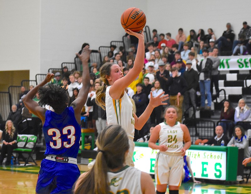 Staff photo by Patrick MacCoon / Rhea County's Haley Cameron, shooting, helped lead the Lady Eagles to a Region 3-AAA quarterfinal win over Cleveland on Friday night in Evensville, Tenn.