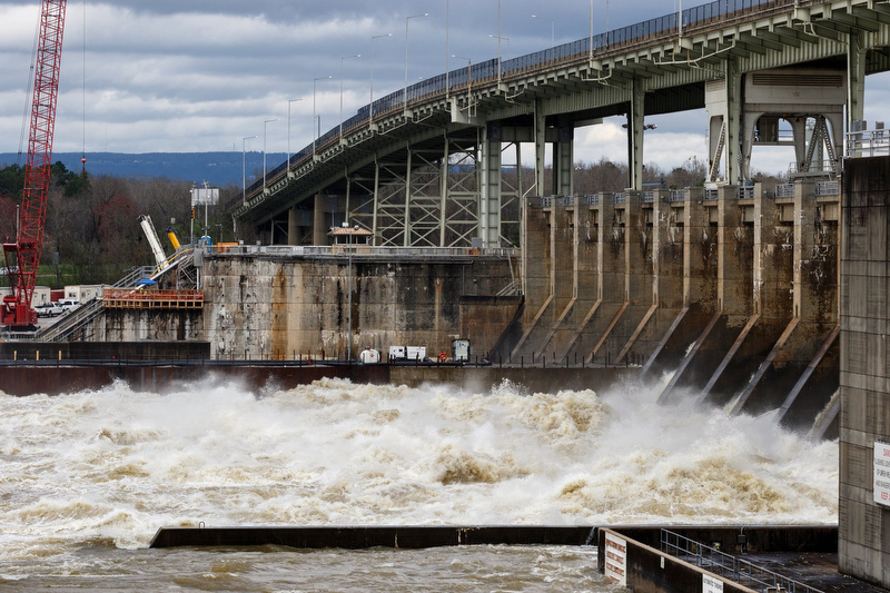 Staff photo by Doug Strickland / Waves crash as the Chickamauga Dam spills water on Friday, March 1, 2019, in Chattanooga, Tenn. The Tennessee Valley Authority's management of the Tennessee River during recent heavy rain has saved the region from significant flooding.