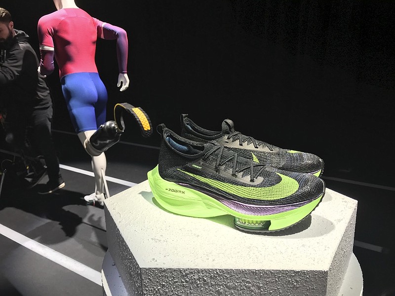 AP photo by Alexandra Olson / Nike's Air Zoom Alphafly Next% running shoe is displayed at the Nike 2020 Forum on Feb. 5 in New York. Kenya's Eliud Kipchoge wore a prototype of the shoe when he ran the world's first sub-2-hour marathon in an unofficial race in October.