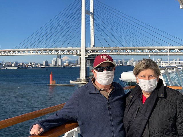 Contributed by Lauren Buecker / John and Connie Buecker wear protective face masks while getting some fresh air while aboard the Princess Diamond cruise ship docked in Japan.