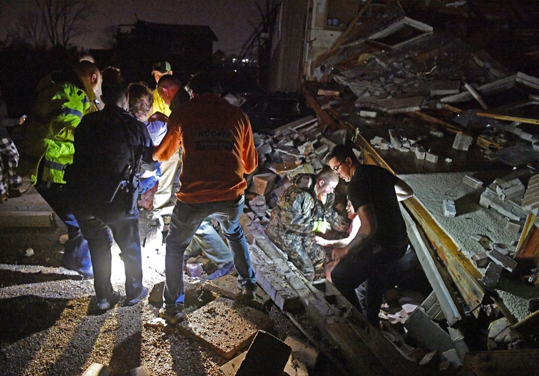 Rescue workers free Bill and Shirley Wallace from their Barrett Dr home that collapsed on them trapping them under rubble. Shirley was taken for medical attention after a tornado ripped through neighborhoods in Mt. Juliet, Tenn. Tuesday, March 3, 2020.