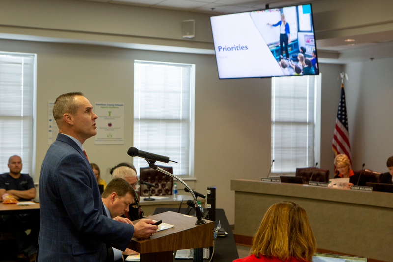 Staff photo by C.B. Schmelter / Mike Raisor, senior vice president of MGT Consulting Group, presents to members of the school board during a work session in the Hamilton County Schools board room on Tuesday, March 3, 2020 in Chattanooga, Tenn. MGT Consulting Group presented the final version of their 10-year, three phase facilities plan.