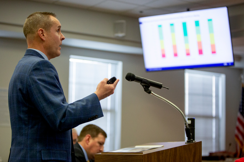 Staff photo by C.B. Schmelter / Mike Raisor, senior vice president of MGT Consulting Group, presents to members of the school board during a work session in the Hamilton County Schools board room on Tuesday, March 3, 2020 in Chattanooga, Tenn. MGT Consulting Group presented the final version of their 10-year, three phase facilities plan.