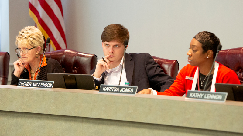 Staff photo by C.B. Schmelter / School board members Rhonda Thurman, left, Tucker McClendon, and Karitsa Jones listen as Mike Raisor, senior vice president of MGT Consulting Group, (not pictured) presents during a work session in the Hamilton County Schools board room on Tuesday, March 3, 2020 in Chattanooga, Tenn. MGT Consulting Group presented the final version of their 10-year, three phase facilities plan.