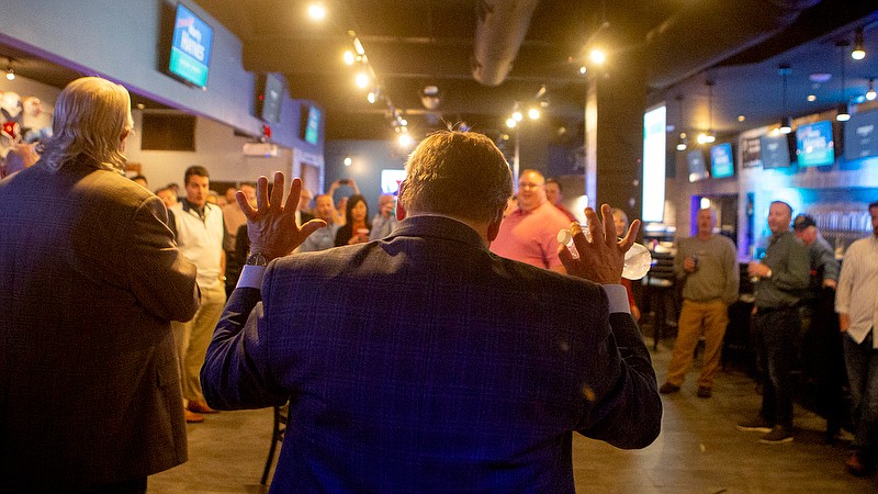Staff photo by C.B. Schmelter / Marty Haynes gestures after the crowd sang him "Happy Birthday to You" during an election night party at FreightWaves on Tuesday, March 3, 2020 in Chattanooga, Tenn. Haynes is the incumbent Hamilton County Assessor. His challenger, Hamilton County Commission Chairman Randy Fairbanks, conceded to Haynes.