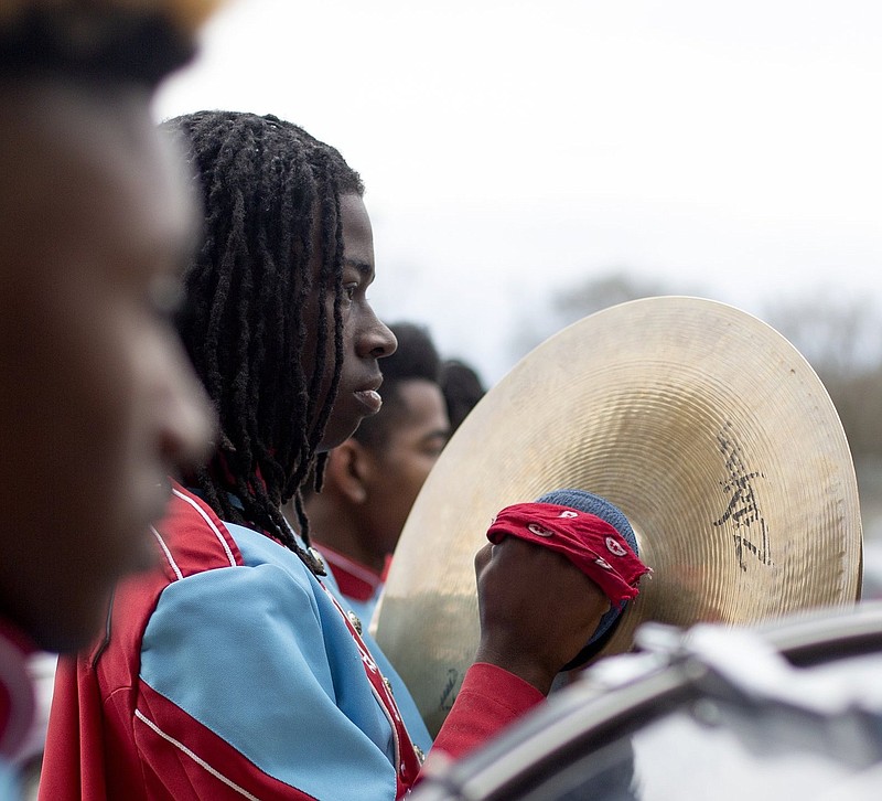 Staff photo by C.B. Schmelter / Mike Green plays the cymbals with the drum line while welcoming people to Brainerd High School for the official announcement of the partnership between the Nancy Lackey Community Education Fund and Little Kids Rock on Wednesday, March 4, 2020 in Chattanooga, Tenn.
