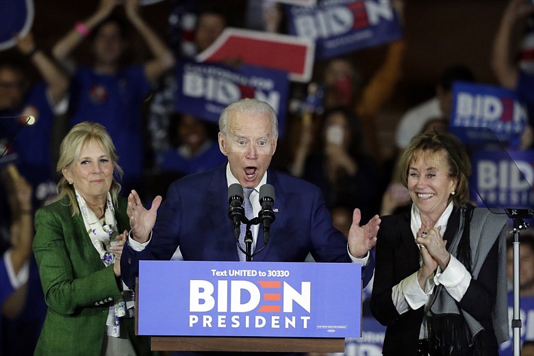 Democratic presidential candidate former Vice President Joe Biden speaks at a primary election night campaign rally Tuesday, March 3, 2020, in Los Angeles. (AP Photo/Chris Carlson)