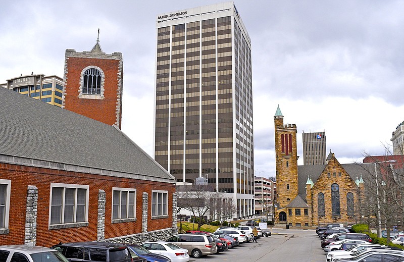 Staff Photo by Robin Rudd / The steeples of Saint Paul's Episcopal, left, and Second Presbyterian flank the Republic Centre. The photograph was made on February 13, 2020.