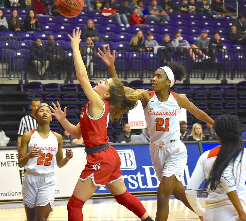 Staff photo by Patrick MacCoon / Baylor freshman point guard Bella White drives to the basket during a TSSAA Division II-AA semifinal Friday in Nashville. The Lady Red Raiders lost to nationally-ranked Ensworth at Lipscomb University, ending their season with a 24-6 record.