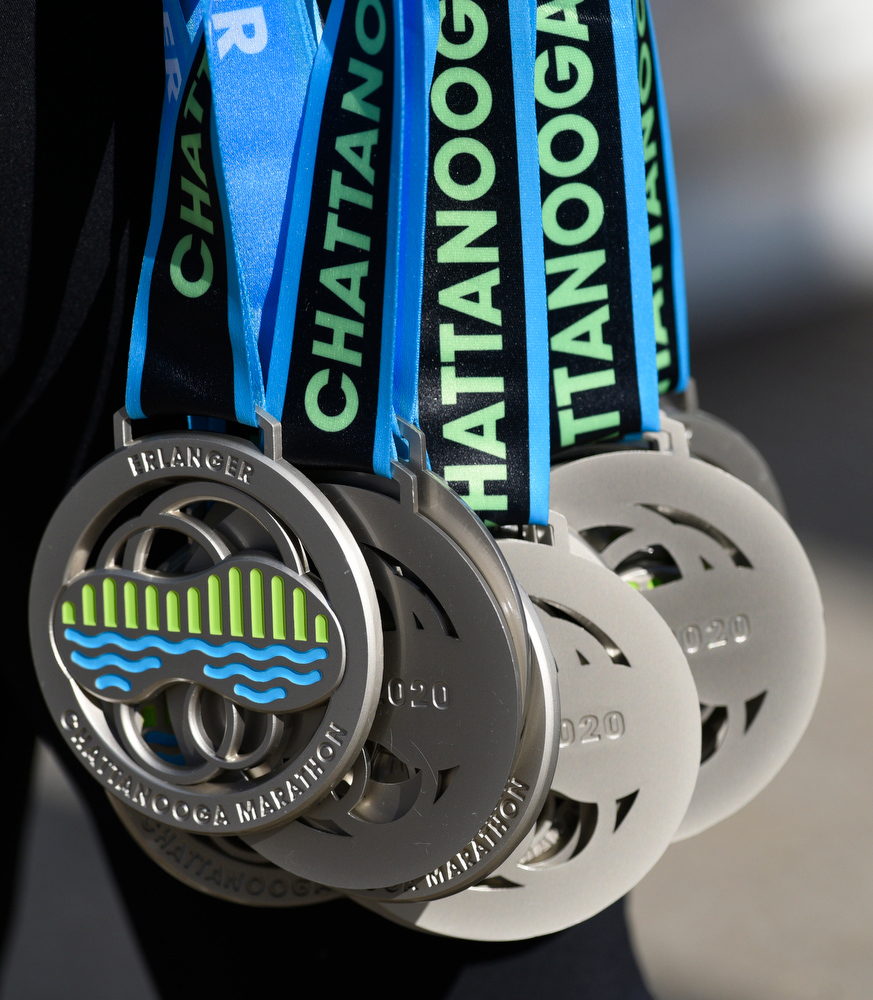 Staff Photo by Robin Rudd / The medals awarded for finishing the race. The 5th Erlanger Chattanooga Marathon was run on March 8, 2020.
