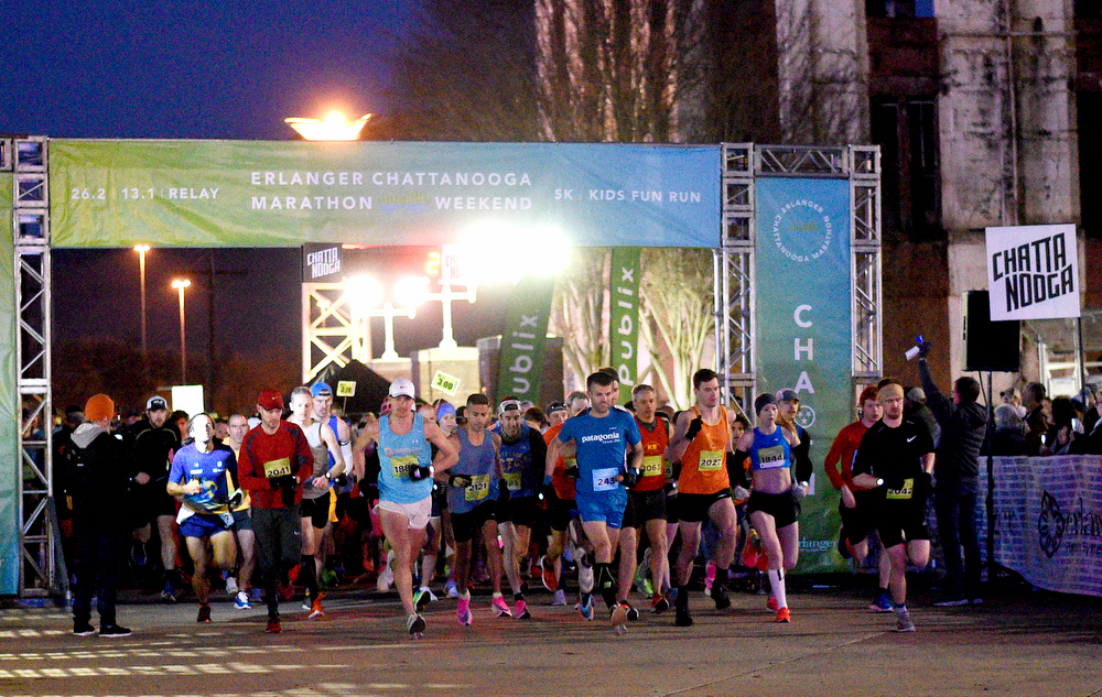 Staff Photo by Robin Rudd / The race starts from in front of the First Tennessee Pavilion at 7:30 a.m.. The 5th Erlanger Chattanooga Marathon was run on March 8, 2020.