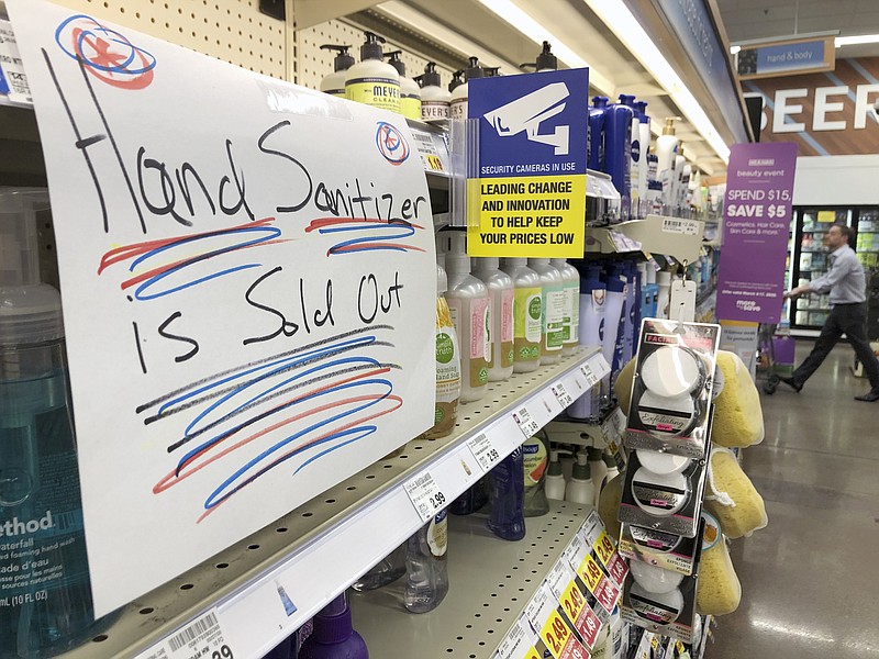Hand sanitizer is sold out at a grocery store Thursday, March 5, 2020, in Nashville, Tenn., because of concerns of coronavirus in the state. (AP Photo/Mark Humphrey)