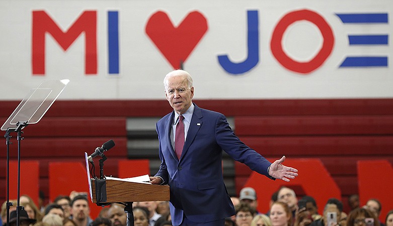 Democratic presidential candidate former Vice President Joe Biden speaks during a campaign rally at Renaissance High School in Detroit, Monday, March 9, 2020. (AP Photo/Paul Sancya)