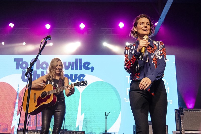 Sheryl Crow, left, and Brandi Carlile perform at the To Nashville, With Love Benefit Concert at Marathon Music Works on Monday, March 9, 2020, in Nashville, TN. (Photo by Amy Harris/Invision/AP)