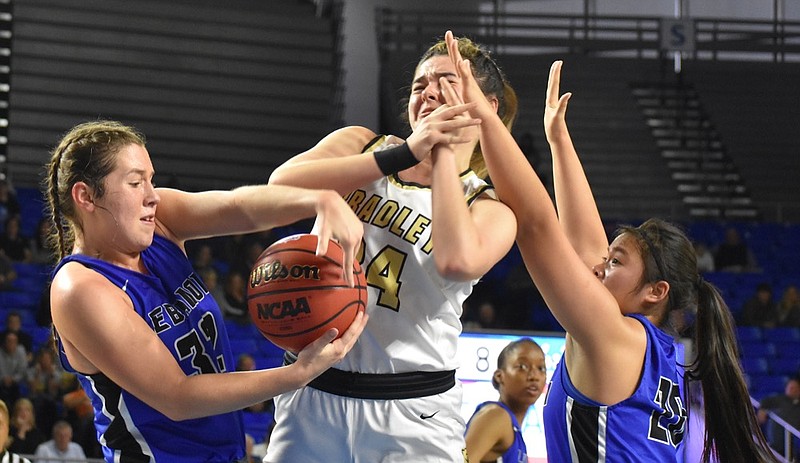 Staff photo by Patrick MacCoon / Bradley Central's Alexis Barnes loses the ball between two Lebanon defenders in a TSSAA Class AAA state quarterfinal Wednesday at MTSU. Barnes scored 17 points to lead the Bearettes, who lost 51-42 as their bid to repeat as champions came to a quick conclusion in Murfreesboro.