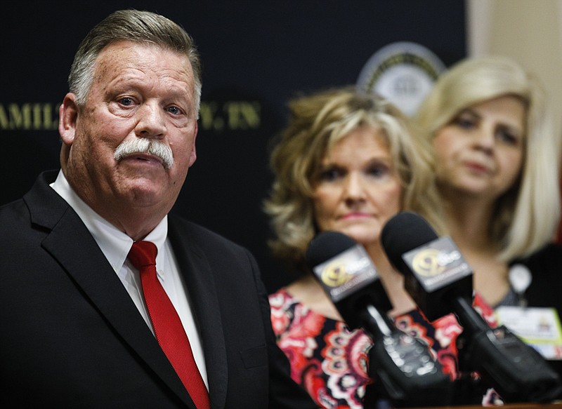 Staff photo by Troy Stolt / Hamilton County Mayor Jim Coppinger speaks during a press conference about the coronavirus (COVID-19) at the McDaniel Building on Thursday, March 12, 2020 in Chattanooga, Tenn.