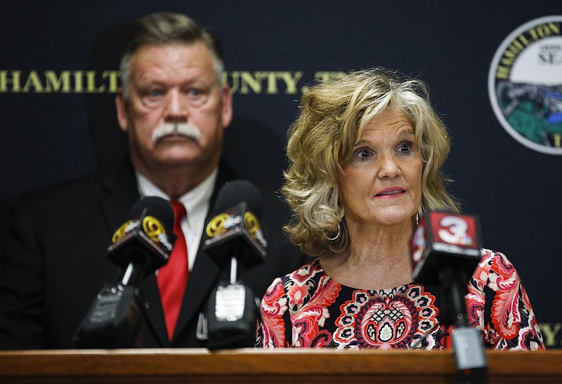 Staff photo by Troy Stolt / Becky Barnes, administrator of health services for the Chattanooga-Hamilton County Health Department, speaks during a press conference about the coronavirus (COVID-19) as Hamilton County Mayor Jim Coppinger stands behind her at the McDaniel Building on Thursday, March 12, 2020 in Chattanooga, Tenn.