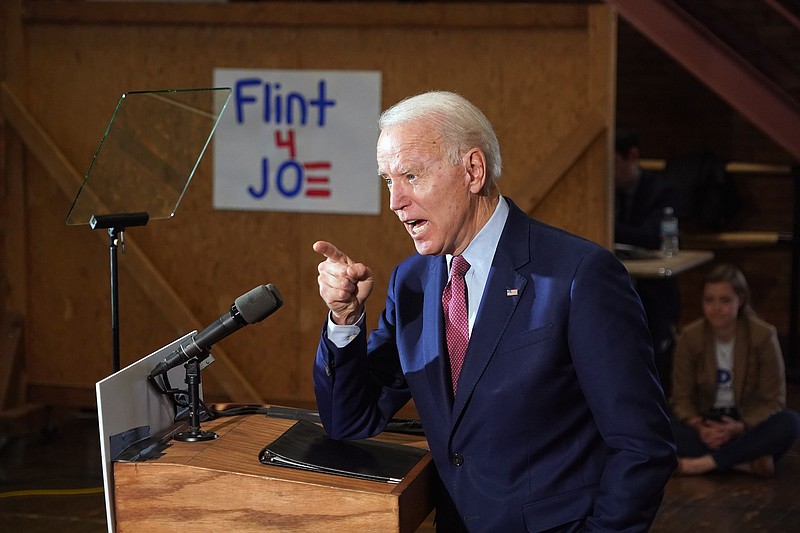 Former Vice President Joe Biden speaks to supporters as he receives the endorsement of Sen. Cory Booker (D-N.J.) in Flint, Mich., on Monday, March 9, 2020. The endorsement adds to what has become a nearly complete consolidation of support from Biden’s former top rivals to push him to the Democratic nomination. (Chang W. Lee/The New York Times)