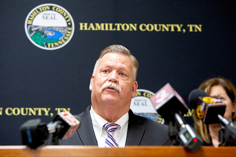 Staff photo by C.B. Schmelter / Mayor Jim Coppinger speaks during a press conference announcing a confirmed case of the coronavirus in Hamilton County at the McDaniel Building on Friday, March 13, 2020 in Chattanooga, Tenn.
