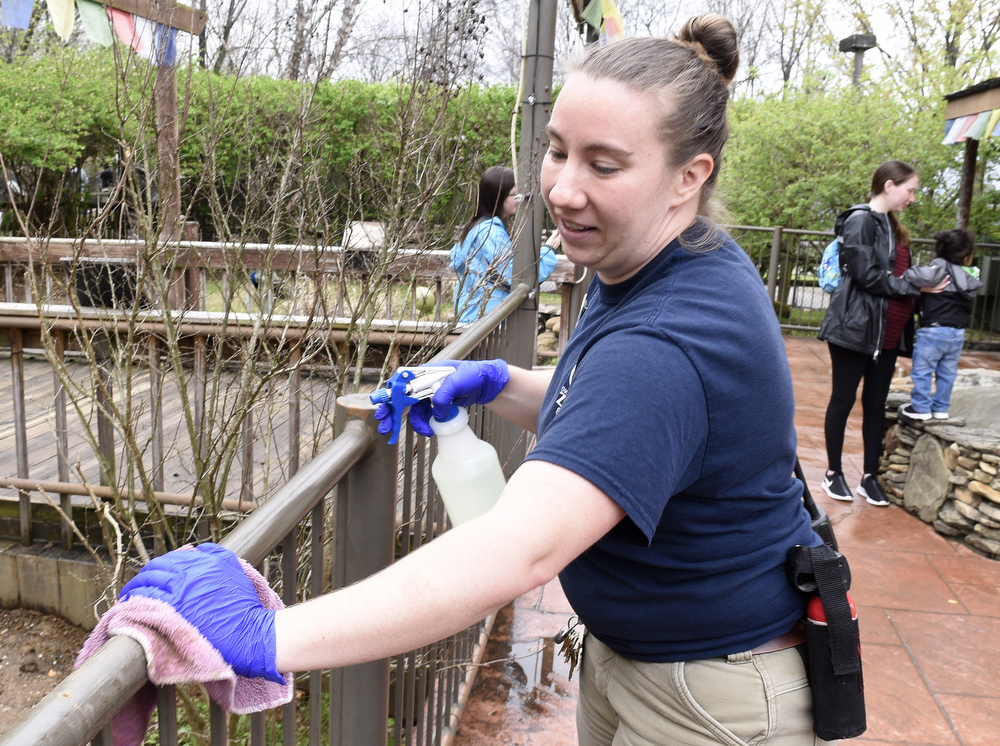 Staff Photo by Robin Rudd / Amanda Bartlett, Zookeeper for the Chattanooga Zoo's Himalayan Passage Exhibit, disinfects surfaces on one of the exhibit's barriers.  The Chattanooga Zoo was one of the few attractions open, following the coronavirus warnings, on March 14, 2020.