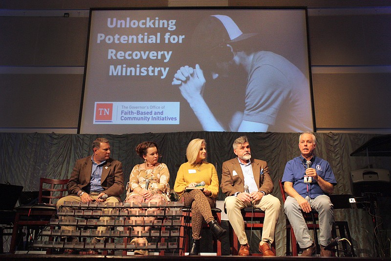Staff photo by Wyatt Massey / Left to right, Dave Hodges, Catrina Cabe, Theresa Biggs, Marty Walker and Chris Jackson speak at the Unlocking Potential for Recovery Ministry event at Hixson United Methodist Church on Mar 12.