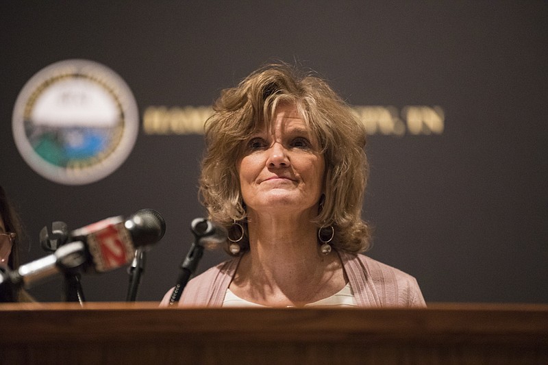 Staff photo by Troy Stolt / Chattanooga-Hamilton County Health Department Administrator of Health Services Becky Barnes speaks during a press conference in Golley Auditorium at the Hamilton County Health Department on Monday, March 16, 2020 in Chattanooga, Tenn. It was announced at the Press conference that the Hamilton County Office of Emergency Management will partially activate their Emergency Operations Center located on Aminicola Highway.