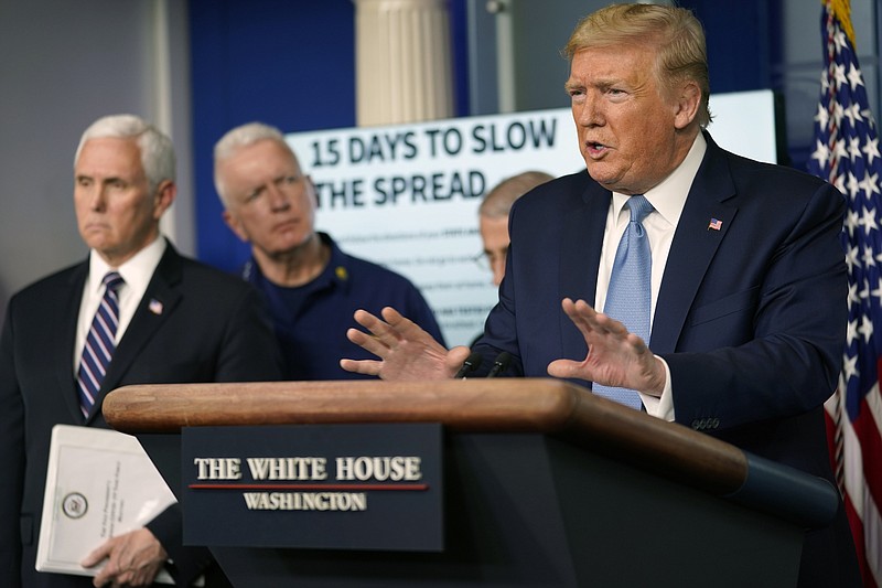 The New York Times / President Donald Trump speaks to reporters in the White House briefing room on Monday on the coronavirus.