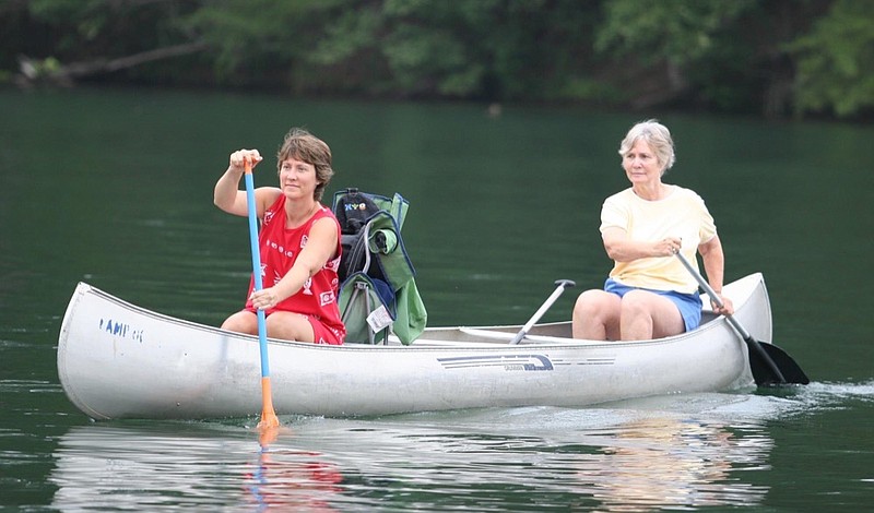 Contributed photo by Sally BelVille Hunter / Sally BeVille Hunter's grandmother, Barbara Huff BeVille, and aunt Laura BeVille canoe at Camp Ocoee in 2015. Barbara attended Camp Ocoee for Family Camp every year from the early 1950s until 2018.