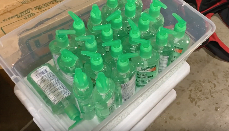 This screenshot from video shows the sanitizer stash from Matt Colvin and his brother's Hixson home arriving to the Chattanooga Fire Department. Other local agencies received parts of the massive amount of supplies that Colvin had attempted to sell on Amazon. / Video provided by the Chattanooga Fire Department