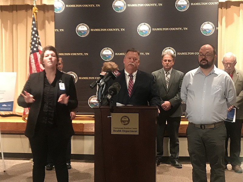 Staff Photo by Troy Stolt / Hamilton County Mayor Jim Coppinger speak at a press conference on Wednesday, March 18, 2020, announcing that the county now has a third case of Coronavirus. 
