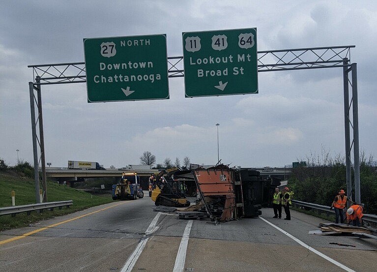 A single-vehicle crash has forced a closure at the U.S. 27 northbound and Interstate 24 eastbound junction in downtown Chattanooga. Photo provided by the Chattanooga Police Department 