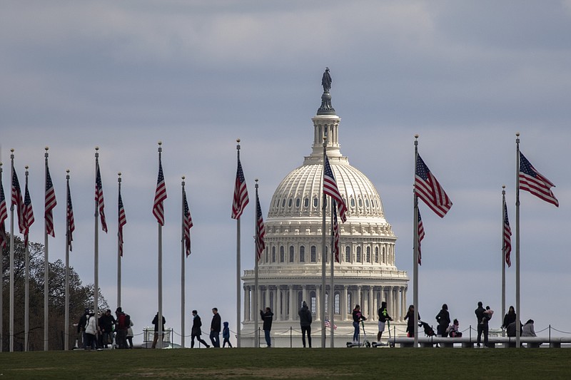 People walk among U.S. flags with the U.S. Capitol in the background, Sunday, March 15, 2020, in Washington. House Speaker Nancy Pelosi, D-Calif., said Congress has started work on a new coronavirus aid package after the one just approved by the House early Saturday. (AP Photo/Jacquelyn Martin)



