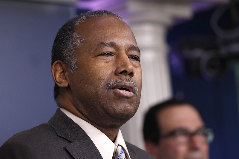 Housing and Urban Development Secretary Ben Carson speaks during a briefing on coronavirus in the Brady press briefing room at the White House, Saturday, March 14, 2020, in Washington. (AP Photo/Alex Brandon)


