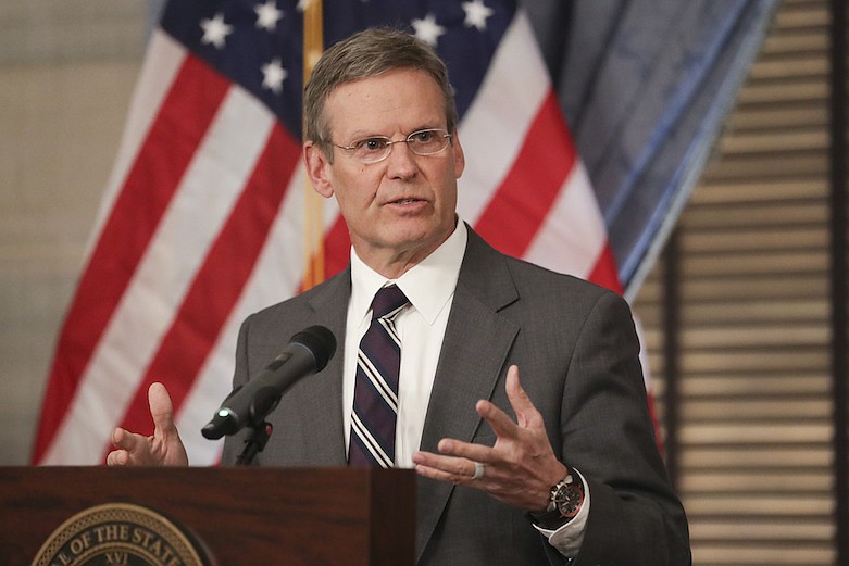 Tennessee Gov. Bill Lee answers questions concerning the state's response to the coronavirus Monday, March 16, 2020, in Nashville, Tenn. Lee has asked all schools in Tennessee to close by the end of the week due to coronavirus spreading across the state. (AP Photo/Mark Humphrey)