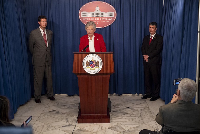 Alabama Gov. Kay Ivey speaks during a press conference at the State Capitol in Montgomery, Ala., on Tuesday, March 17, 2020. (Jake Crandall/The Montgomery Advertiser via AP)