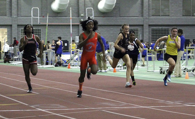 FILE - In this Feb. 7, 2019 file photo, Bloomfield High School transgender athlete Terry Miller, second from left, wins the final of the 55-meter dash over transgender athlete Andraya Yearwood, far left, and other runners in the Connecticut girls Class S indoor track meet at Hillhouse High School in New Haven, Conn. In a response to a lawsuit brought by three female high school runners, the Connecticut Interscholastic Athletic Conference maintains that it is exempt from Title IX, that guarantees equal access to women and girls in education, including athletics. The lawsuit argues that male anatomy gives the transgender runners an unfair advantage in violation of Title IX. (AP Photo/Pat Eaton-Robb, File)


