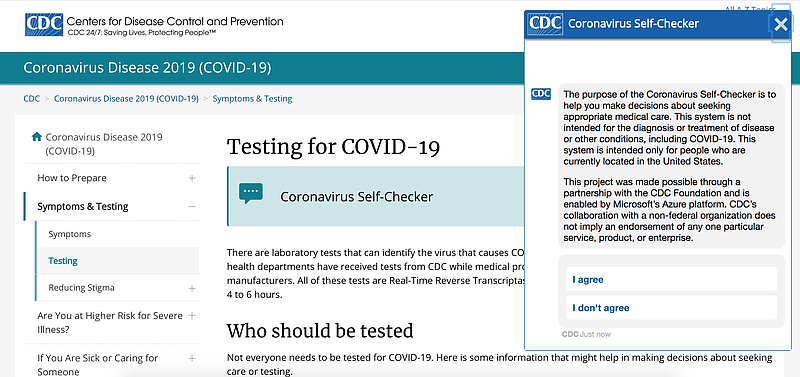 This screenshot shows the coronavirus self-checker tool provided on the Centers for Disease Control and Prevention's website.