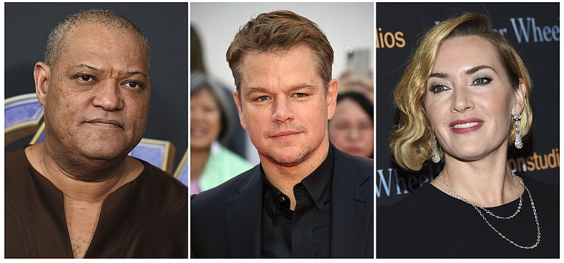 This combination photo shows actors, from left, Laurence Fishburne, Matt Damon and Kate Winslet, who are among the stars of the 2011 thriller "Contagion" who have reunited for a series of public service announcements to warn about COVID-19. They have teamed up with scientists from Columbia University's Mailman School of Public Health to offer four individual homemade videos. (AP Photo)


