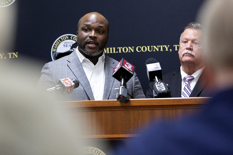 Staff photo by C.B. Schmelter / Superintendent Bryan Johnson answers questions during a press conference announcing a confirmed case of COVID-19 in Hamilton County at the McDaniel Building on Friday, March 13, 2020 in Chattanooga, Tenn.
