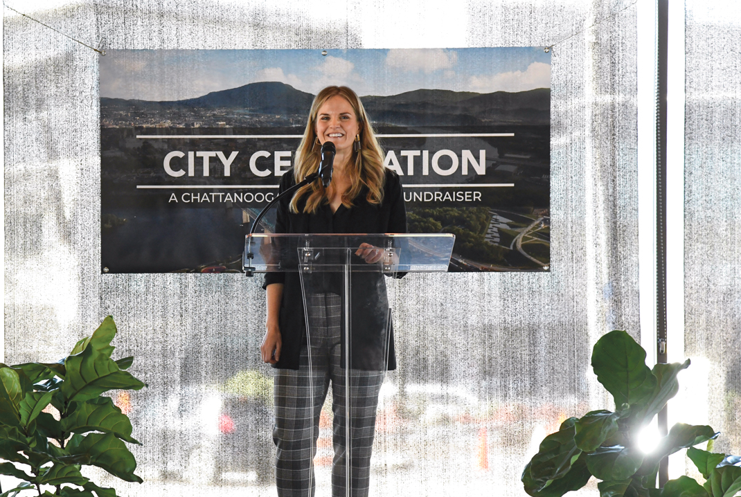 Photography by Mark Gilliland / Kelly Fitzgerald speaks during Chattanooga Design Studio's City Celebration 2020 luncheon.