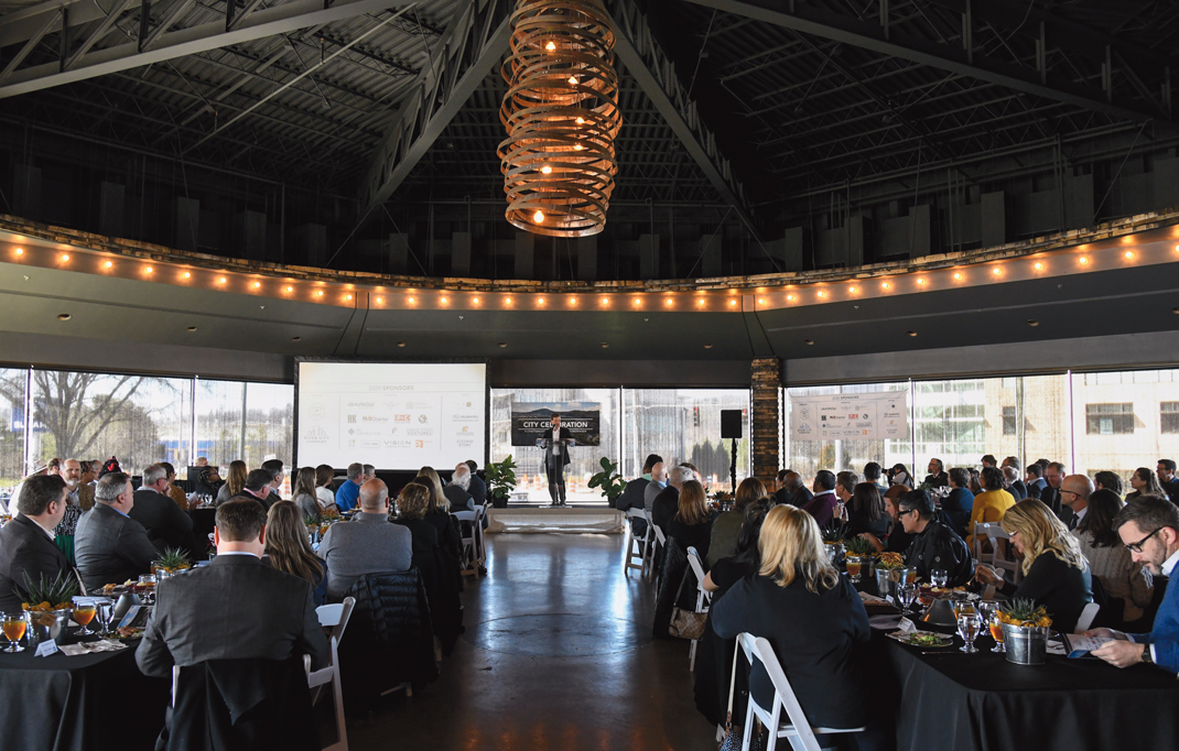 Photography by Mark Gilliland / Eric Myers addresses the audience at Chattanooga Design Studio's City Celebration 2020 luncheon.