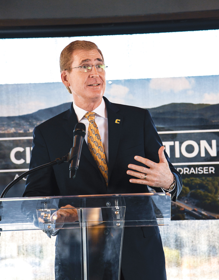 Photography by Mark Gilliland / UTC Chancellor Steve Angle speaks during Chattanooga Design Studio's City Celebration 2020 luncheon.